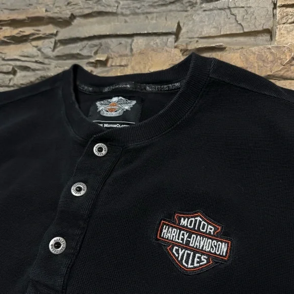 VTG Harley Davidson Thermal Shirt Mens XL Waffle Knit Long Sleeve Black Henley - Picture 4 of 8
